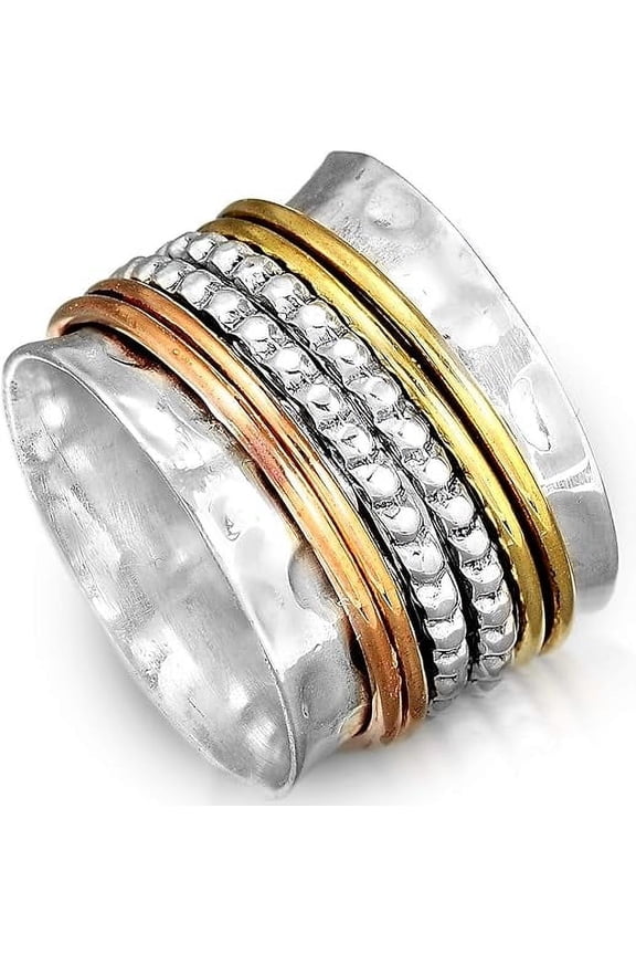 925 Sterling Silver Spinner Ring with Brass and Copper Fidget Rings for Women Wide
