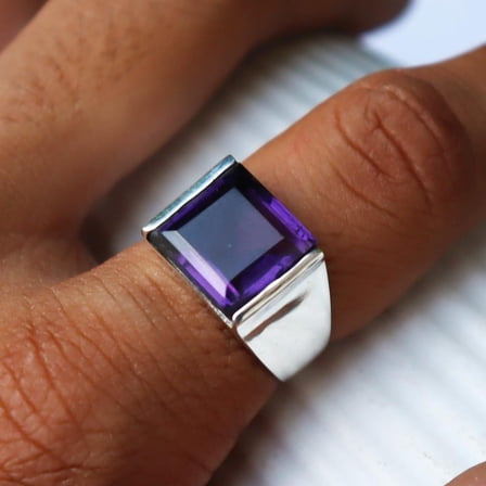 SS DESIGNS Amethyst Sterling Silver Signet Ring for Men | 925 Silver Purple Gemstone Ring | Handmade February Birthstone Statement Jewelry