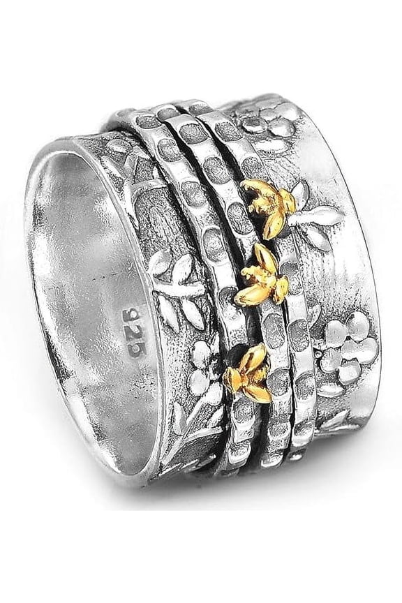 Bee Spinner Ring for Women 925 Sterling Silver and Brass Flower Fidget Rings Band
