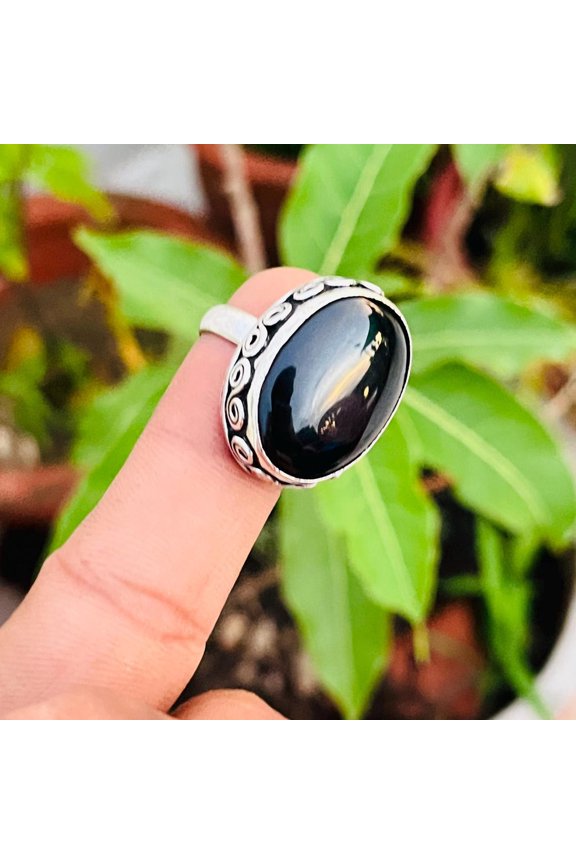 - Black Onyx Ring | Handmade Sterling Silver 925 Natural Stone Boho Statement Jewelry Accessory