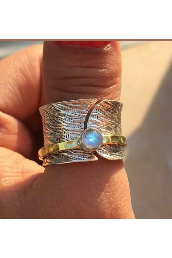 - Blue Fire Moonstone Ring Gold Plated Spinner Wide Band for Meditation & Anxiety Relief