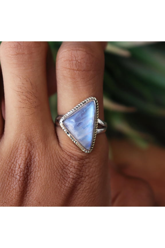 - Blue Fire Moonstone Ring Handmade Sterling Silver Adjustable Statement Ring with Healing Crystal & Boho Style