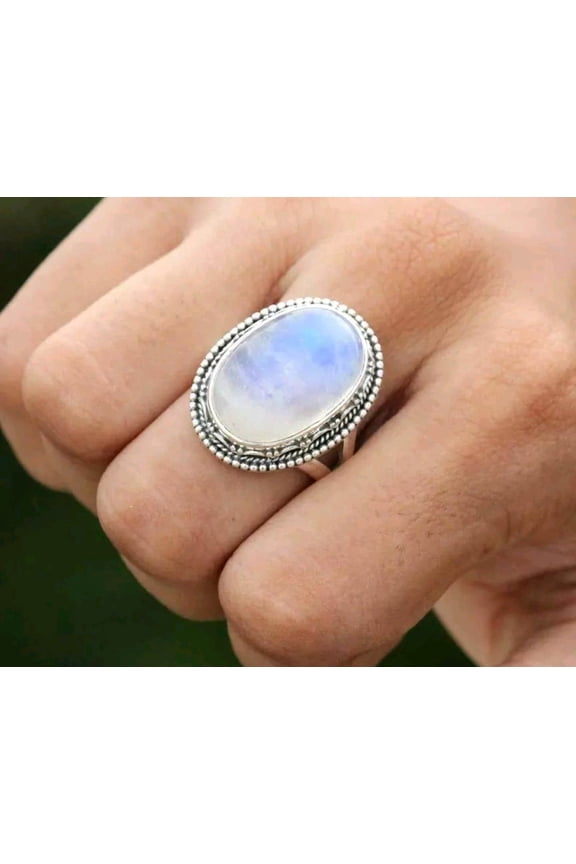 - Blue Fire Moonstone Ring Sterling Silver Oval Gemstone | Handmade Boho Style Statement Jewelry Gift For Her