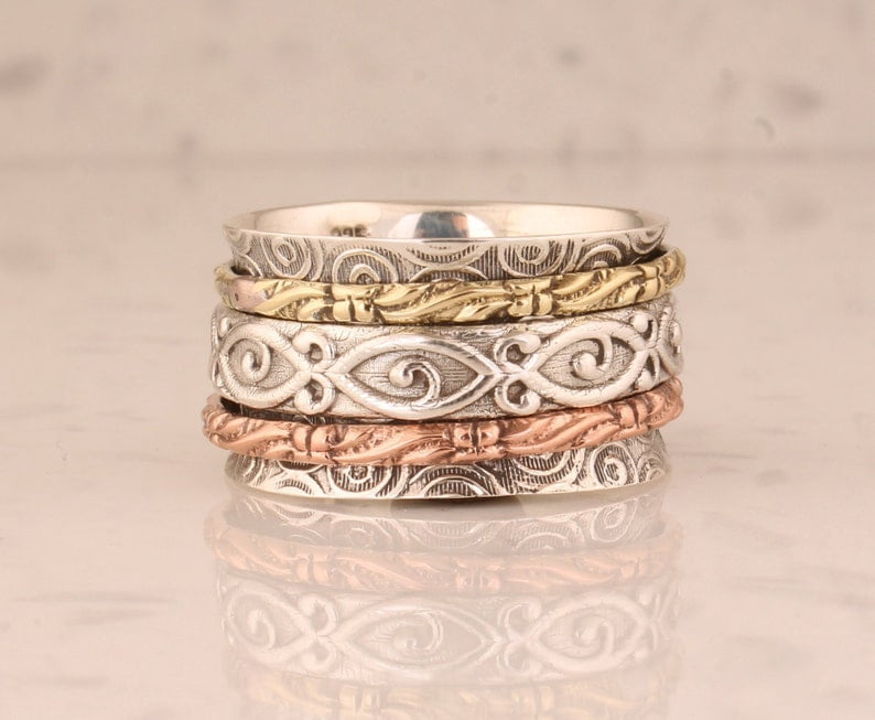 SS DESIGNS Boho Spinner Ring Sterling Silver 925 Purity Anxiety Relief Jewelry for Women Calming Fidget Spinner Band, Bohemian Style Gift