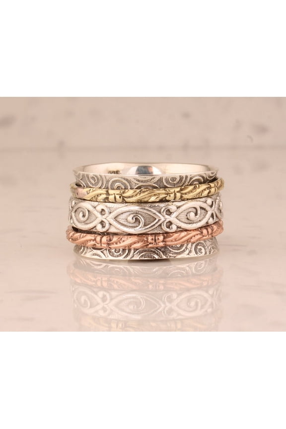 Boho Spinner Ring Sterling Silver 925 Purity Anxiety Relief Jewelry for Women Calming Fidget Spinner Band, Bohemian Style Gift