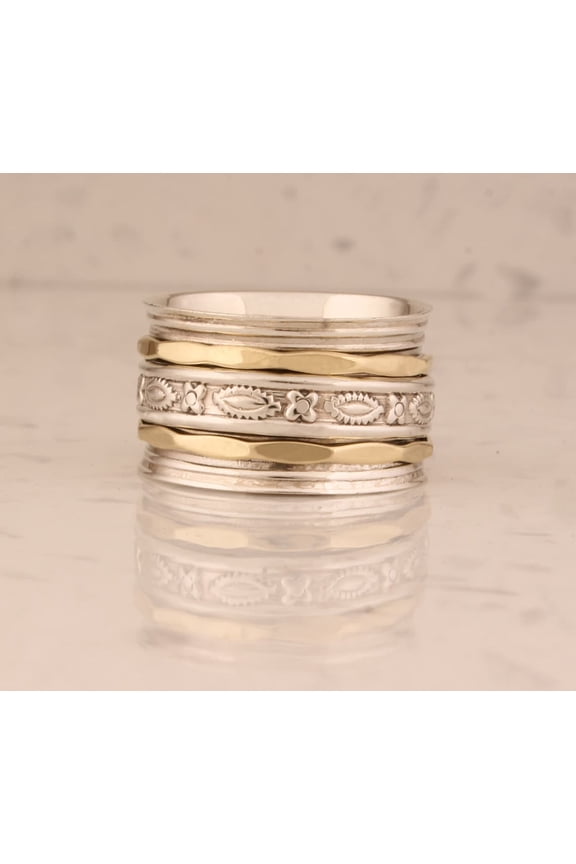 - Boho Spinner Ring Two Tone Sterling Silver Ring with Smooth Spinner Mechanism for Anxiety Relief & Meditation