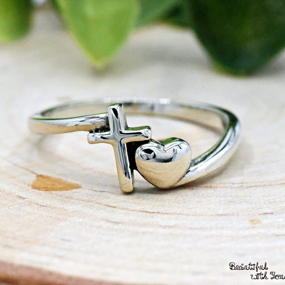 SS DESIGNS Bypass Style Vertical Cross with Heart Silver Ring, Christianity Cross Heart Ring, Solid 925 Sterling Silver Cross Heart Statement Ring
