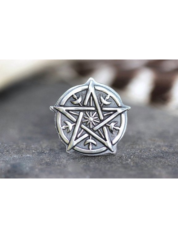 Pentagram Ring with Celestial Sunburst and Crescent Moon Design