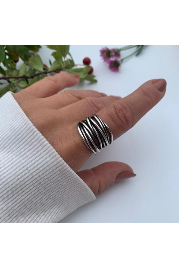 Chunky Silver Multi Layer Band Signet Ring, Thumb Weaved Layered Ring