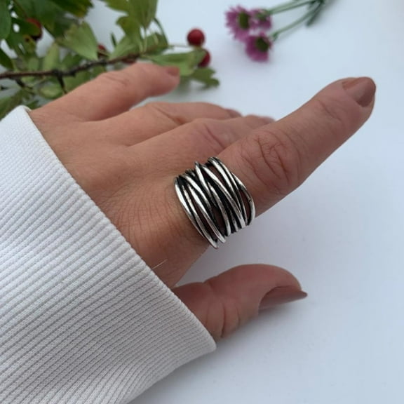 SS DESIGNS Chunky Silver Multi Layer Band Signet Ring, Thumb Weaved Layered Ring