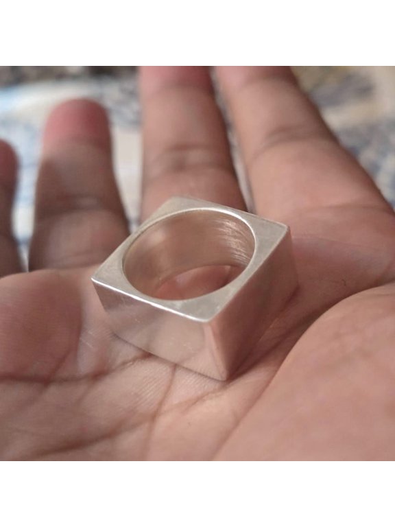 Chunky Silver Plated Ring, Geometric Square Band with High Polish Design