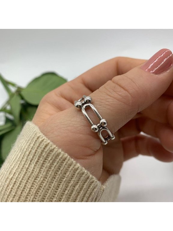 Chunky Silver Ring Adjustable Open Band Silver Plated Jewelry Boho Chain Design With Dot Detail Statement Ring For Her
