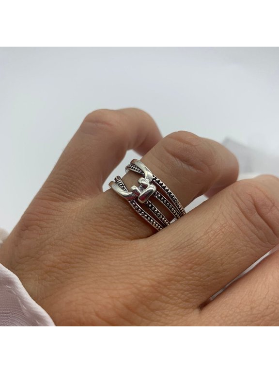 Chunky Silver Ring, Woven Knot Design Open Adjustable Textured Band Ring