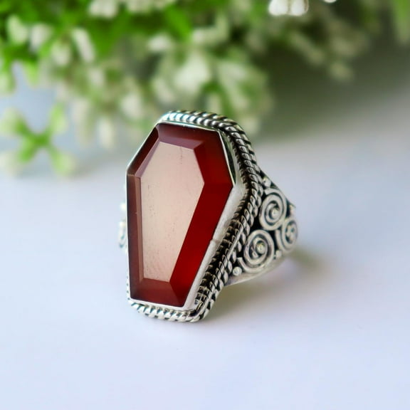 SS DESIGNS Coffin Cut Red Onyx Ring | Handmade 925 Sterling Silver Statement Jewelry | Gothic Style July Birthstone Ring for Men & Women
