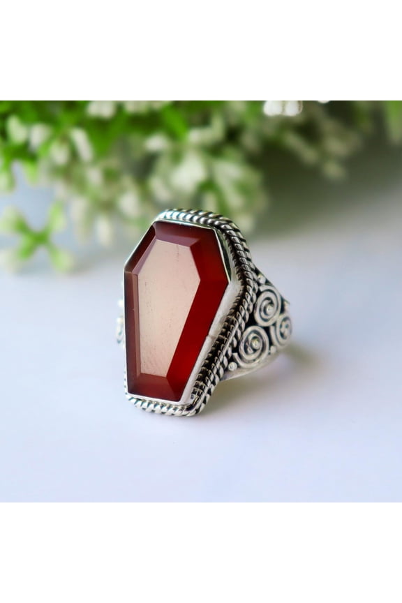 Coffin Cut Red Onyx Ring | Handmade 925 Sterling Silver Statement Jewelry | Gothic Style July Birthstone Ring for Men & Women