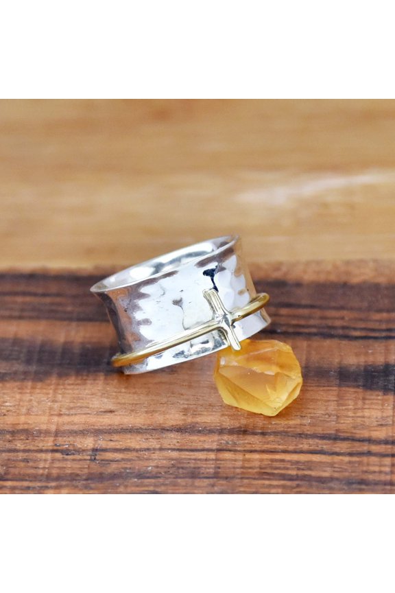 Sterling Silver Spinner Ring - Two Tone Cross Spinning Band Christian Meditation Prayer Jewelry Statement Fashion Ring 925 Silver