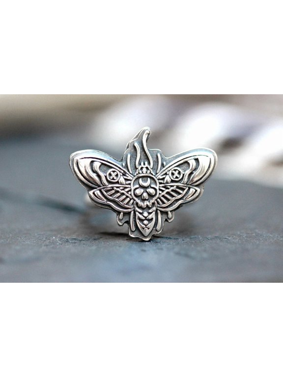 Death Head Moth Ring Silver Plated Handmade Statement Jewelry With Dimensional Insect Design For Women And Gift For Her