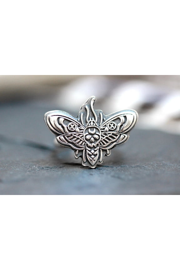 Deaths Head Moth Ring Sterling Silver Insect Statement Jewelry With Detailed Moth Design And Modern Style Finish For Fashion Lovers