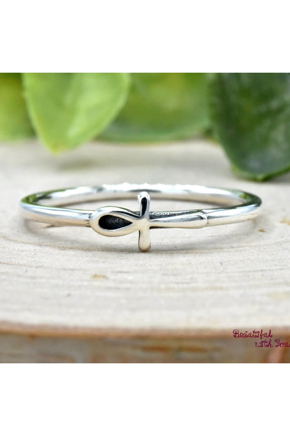Egyptian Ankh Ring Sterling Silver 925 Sideways Cross Handcrafted Minimalist Spiritual Jewelry with Modern Ankh Design