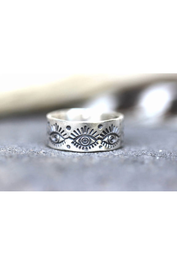 Evil Eye Ring Silver Plated Boho Style Stackable Thumb Ring Detailed Band Handmade Fashion Jewelry For Everyday