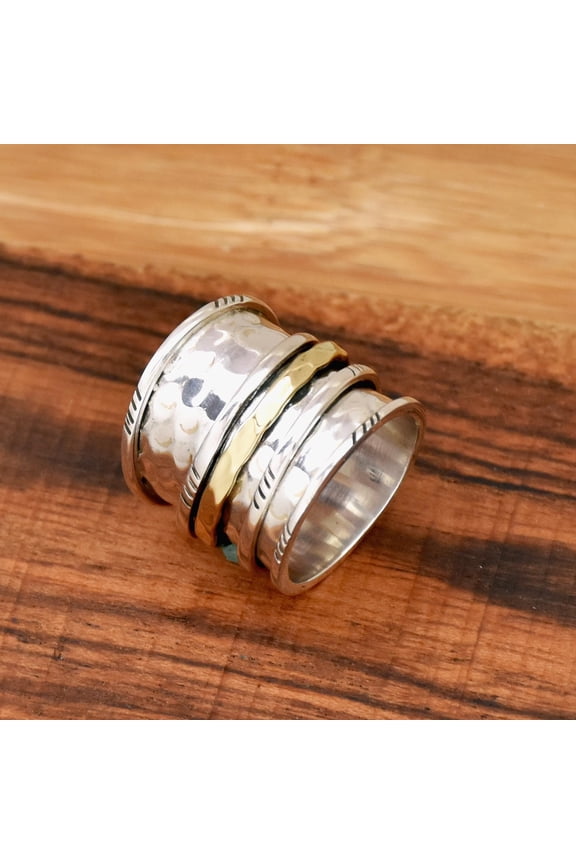 Extra Wide Spinner Ring, 925 Sterling Silver Ring Two Tone Ring Hammered Ring Worry Ring Triple band Spinning Ring Anxiety Ring Gift For Her