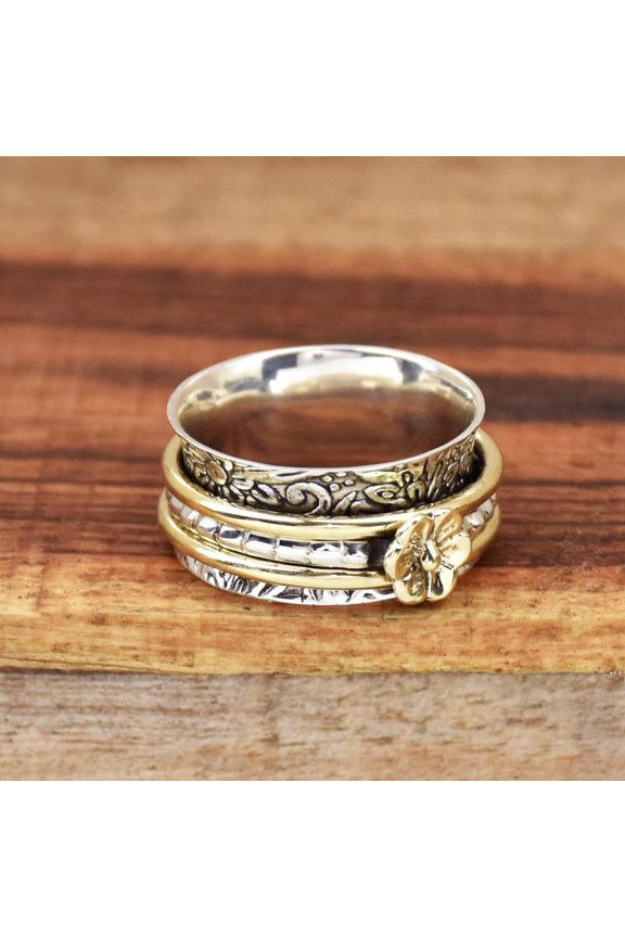 - Flower Spinner Ring, 925 Ring, Textured Ring, Thumb Ring, Two Tone Spinner Ring, Meditation Ring, Worry Ring, Fidget Ring