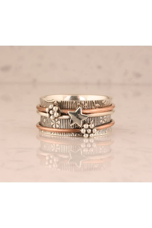 Flower & Star 925 Sterling Silver Spinner Ring – Handmade Three-Tone Textured Band, Fidget Anxiety Ring for Women & Men, Stress Relief Meditation Ring, Gift Idea