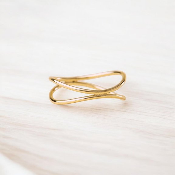 SS DESIGNS Gold Vermeil Criss Cross Ring - Handmade Sterling Silver Wire Wave Band - Elegant Crossover Statement Jewelry for Women