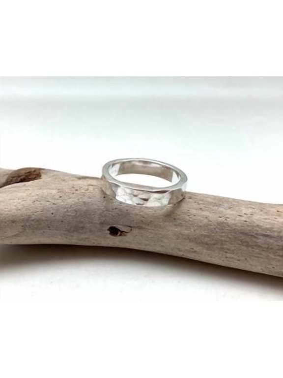 Hammered Silver Band 3mm Minimalist Stackable Ring with Organic Textured Design