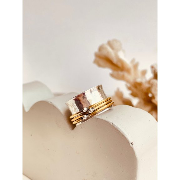 SS DESIGNS Hammered Spinner Ring - 925 Sterling Silver Two Tone Spinner Band with Rotating Inner Band and Boho Chic Design