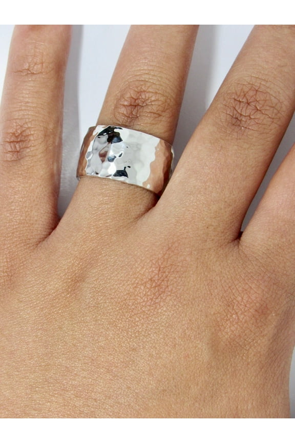 Hammered Wedding Bands Ring 11mm Wide Band | Textured Sterling Silver Ring for Men and Women | Handmade Hammered Finish Wedding Ring | Unique Christmas Gift