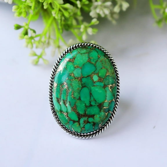 SS DESIGNS Handmade Green Copper Turquoise Ring | 925 Sterling Silver Gemstone Jewelry | December Birthstone Statement Ring for Women & Men
