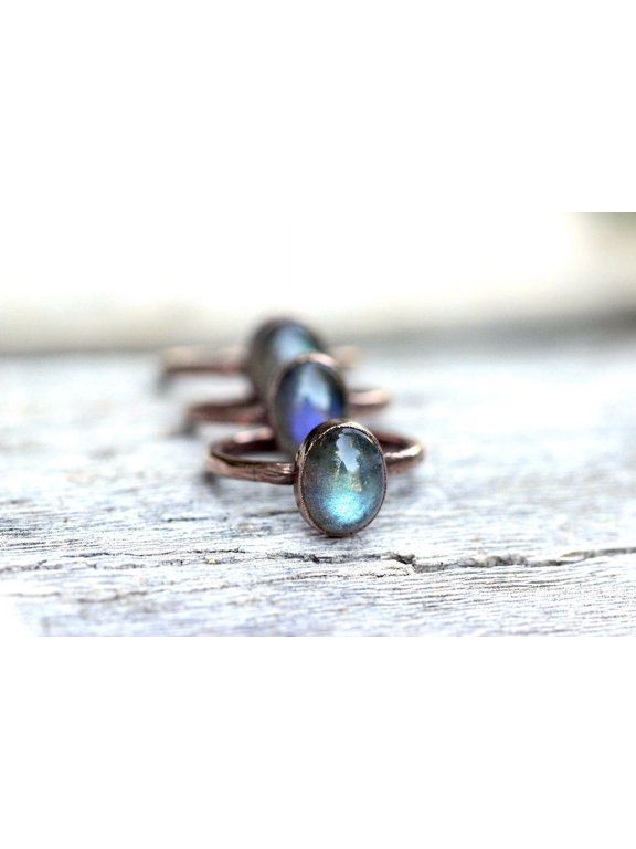 Labradorite Stacking Ring | Handmade Copper Electroformed Boho Hippie Jewelry with Blue Cabochon Stone Organic Metal Band