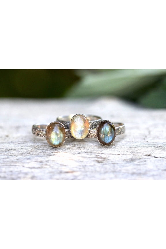Labradorite Stacking Ring Silver Plated Band Handmade Boho Chic Floral Pattern Jewelry for Everyday Wear