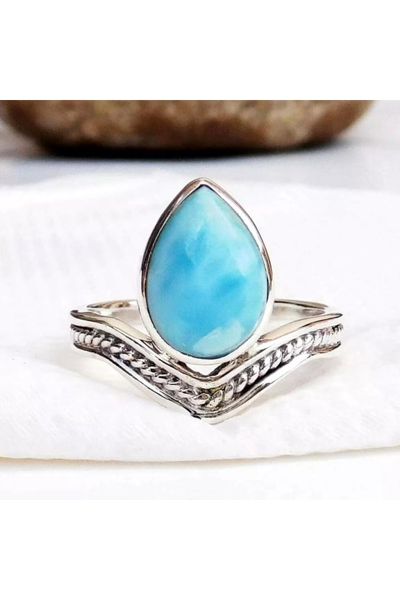- Larimar Statement Ring Sterling Silver Pear Shaped Blue Gemstone, Adjustable Artisan Crafted Jewelry Gift