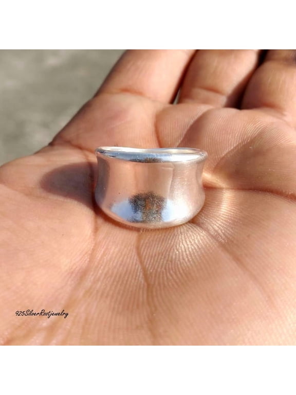 Men's Silver Plated Ring, Chunky Wide Band Concave Statement Ring, High Polish Finish Cigar Band Jewelry