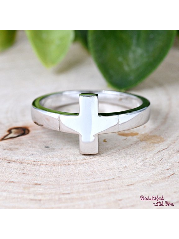 Minimalist Silver Cross Ring, High Polish Vertical Band for Daily Wear