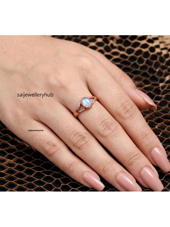 Moonstone Ring Rose Gold Plated Silver Open Band Boho Style Minimalist Everyday Unisex Fashion Jewelry