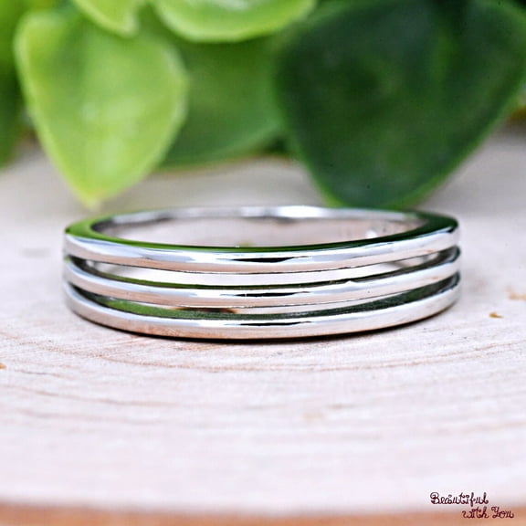 SS DESIGNS Multi Layered Three Line Ring, Triple Lines Layer Ring, Silver, Solid 925 Sterling Silver Three Stripe Ring, Womens Ring, Silver Ring