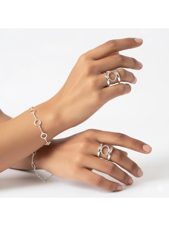Oval Adjustable Open Ring With Sleek Minimalist Silver Finish Set