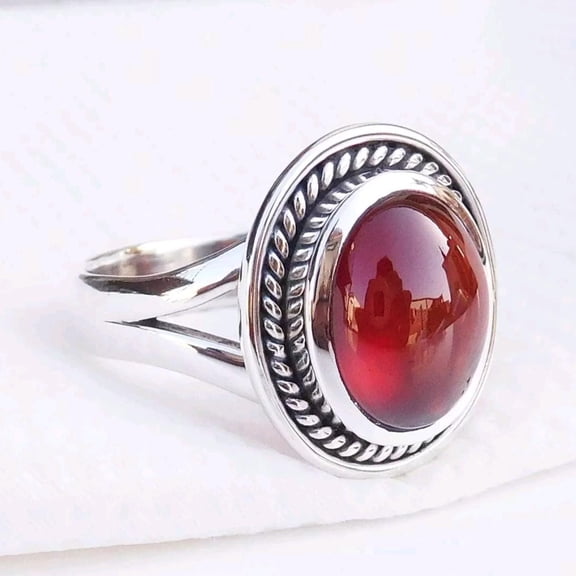 SS DESIGNS- Oxidized Red Garnet Ring Sterling Silver Oval Gemstone Band | Handmade Statement Jewelry