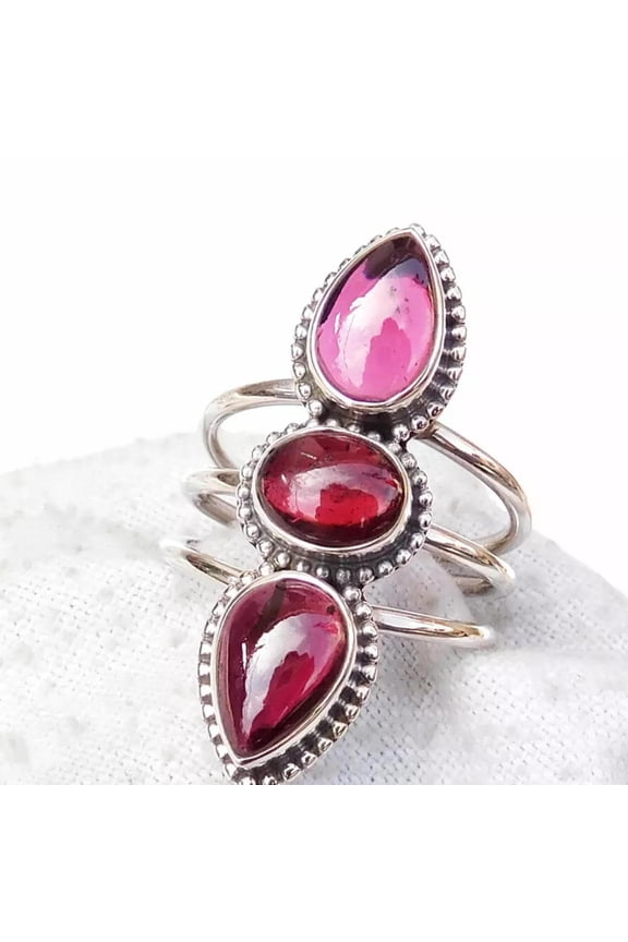 - Pink Tourmaline Ring Sterling Silver Triple Stone Band with Oval & Pear Cut Gems, October Birthstone Gift