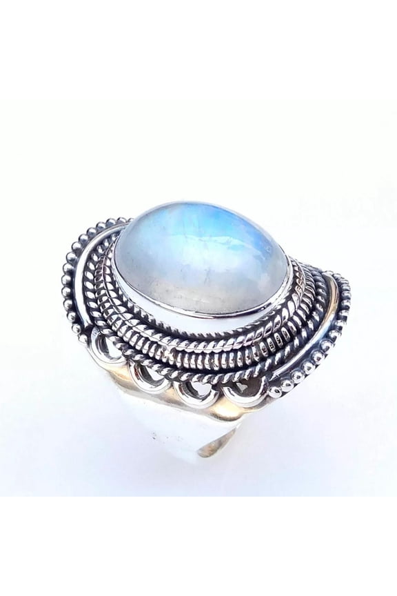 - Rainbow Moonstone Ring Boho Statement 925 Sterling Silver, Vintage-Inspired Gemstone Glow Accessory