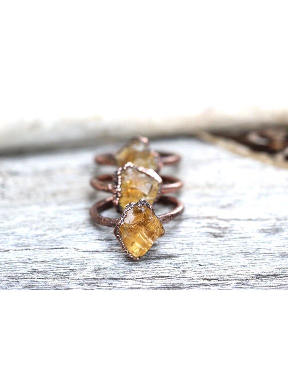 Raw Citrine Ring Adjustable Copper Band Boho Hippie Jewelry Artisan Crafted Vibrant Yellow Crystal Rustic Stacking Ring Electroformed Copper