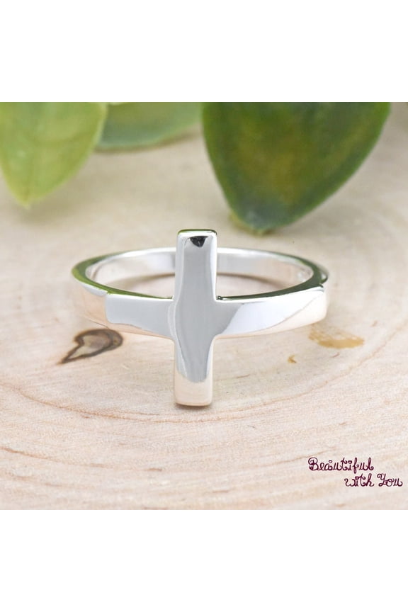 Sideways Cross Ring 925 Sterling Silver Chunky Band Horizontal Cross Design Bold Statement Jewelry