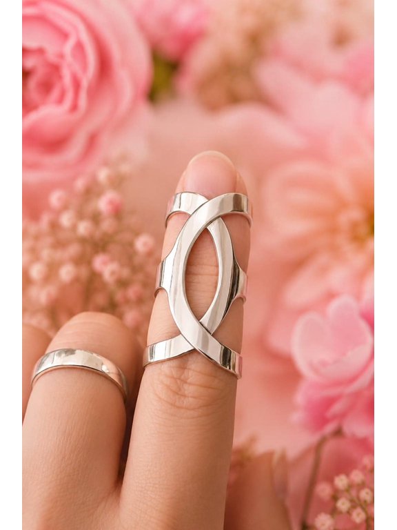 Silver Adjustable Open Band Ring With Minimalist Split Design Set
