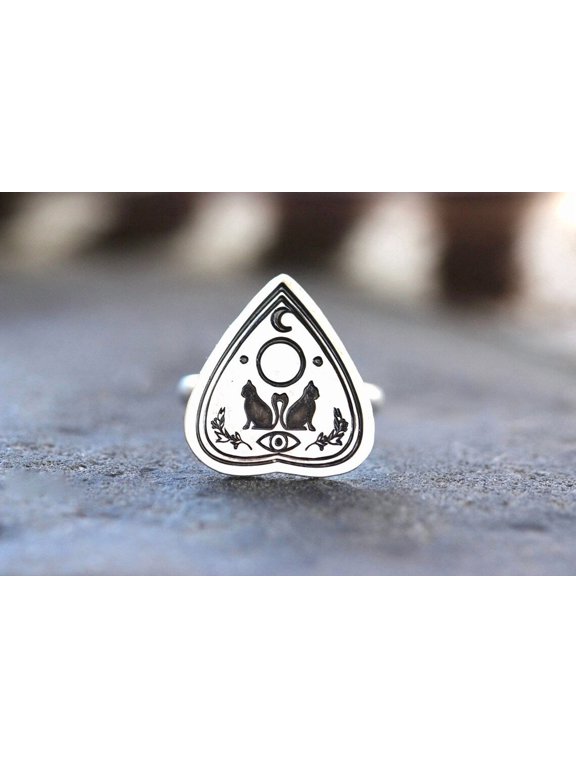 Silver Cat Ring with Planchette Moon, Evil Eye, and Feline Motifs