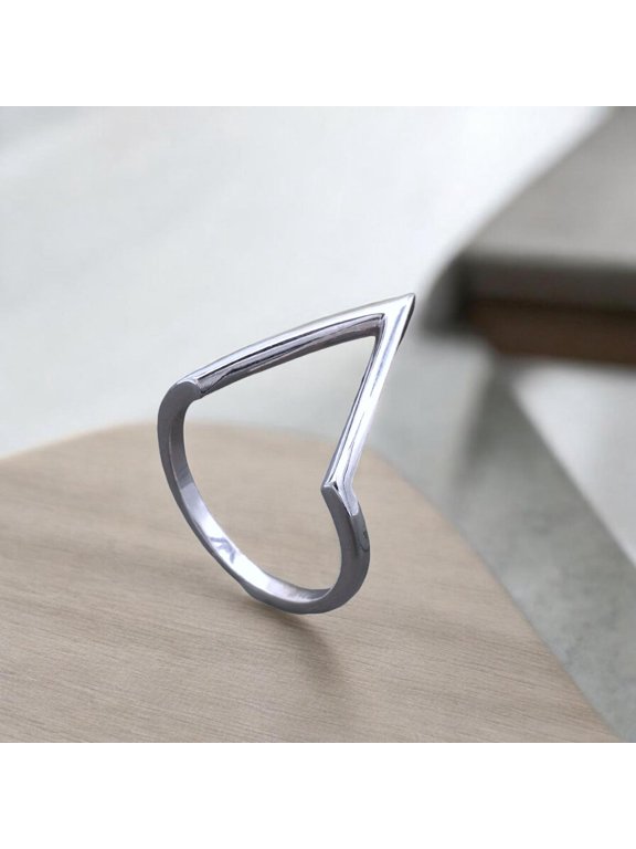 Silver Chevron Ring, Dainty V-Shape Stackable Midi Band, Geometric Wishbone Design