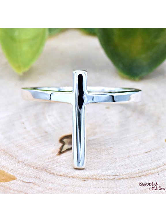 Silver Cross Ring for Women, Vertical 15mm Minimalist High Polish Band