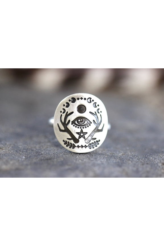 Silver Evil Eye Ring Celestial Ring Antlers Ring Mystic Style Jewelry Witch Ring